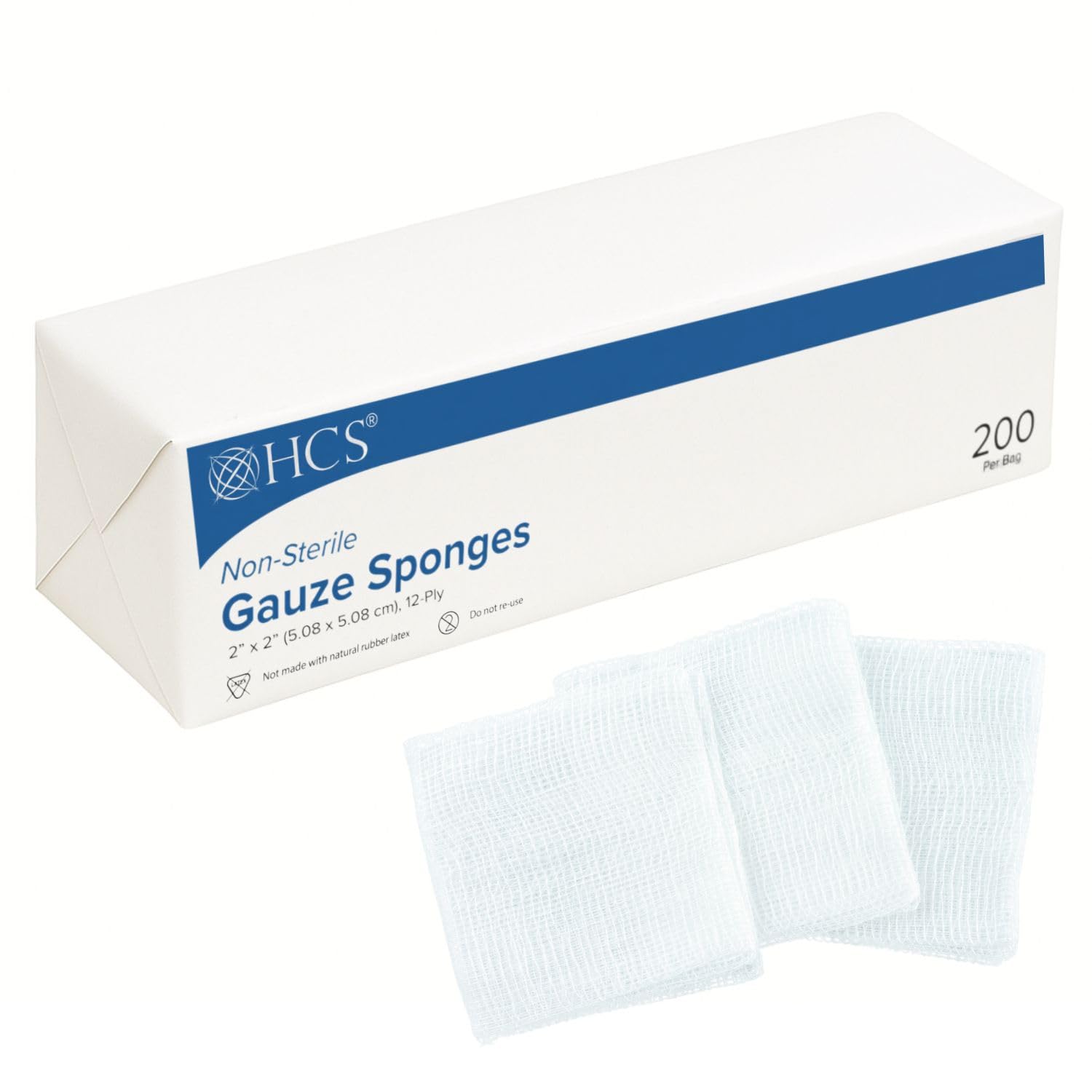 Photo 1 of HCS Woven Gauze Sponges 2x2 - Non-Sterile, 12-Ply (200-Count) - 100% Cotton, Absorbent, Low-Linting Squares - 2x2 Gauze Pads - Medical Supplies, Wound Care, First Aid, Surgical Use, Dental