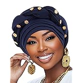 Woeoe Women African Turban Pre-Tied Twisted Beanie Cap Headwear Rhinestone Soft Stretchy Head Turbans