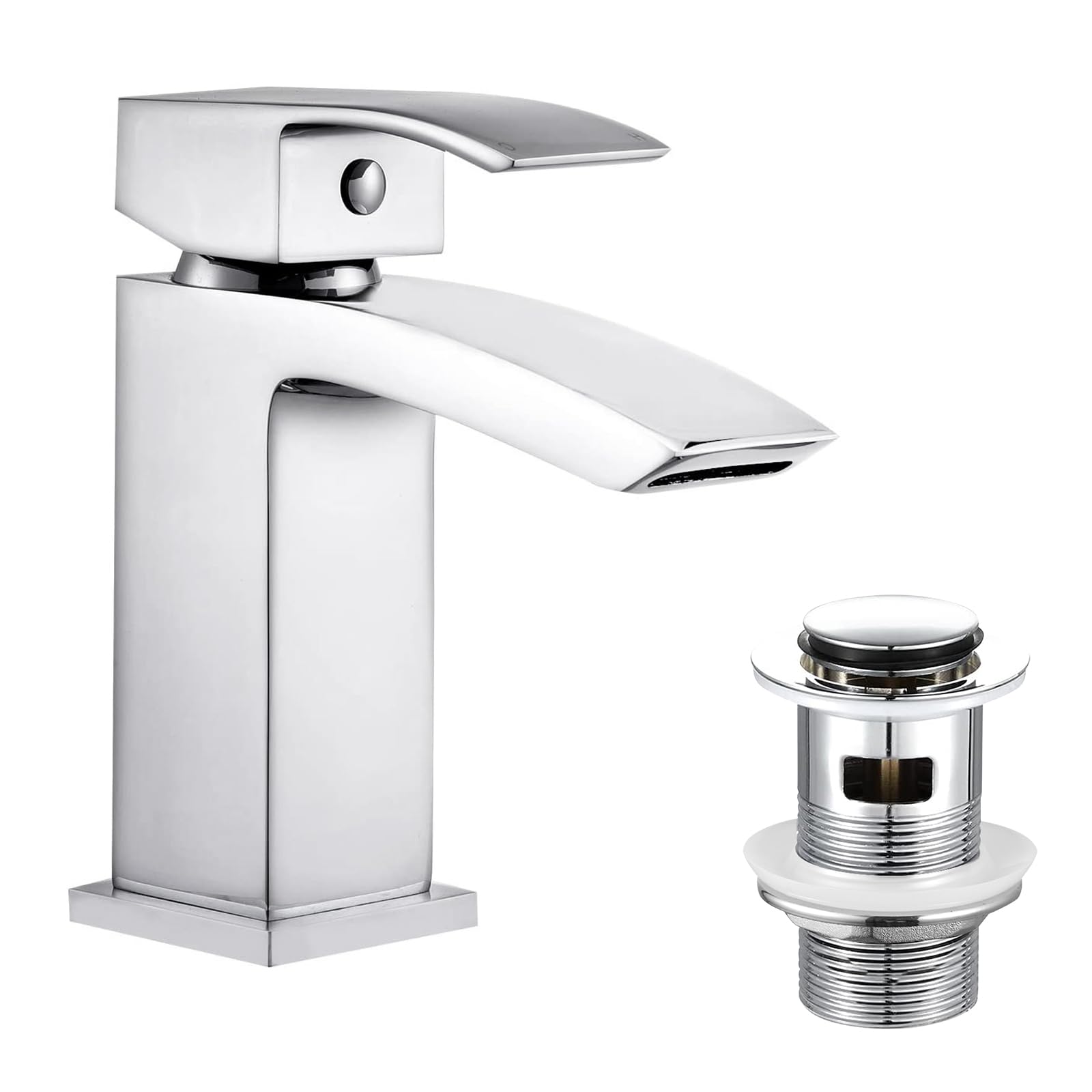 Hapilife Basin Taps Waterfall with Pop up Waste Slotted Square Bathroom Sink Mixer Tap with G1/2 UK Standard Hoses Single Lever Mono Monobloc Modern Cloakroom Faucet 1 Hole