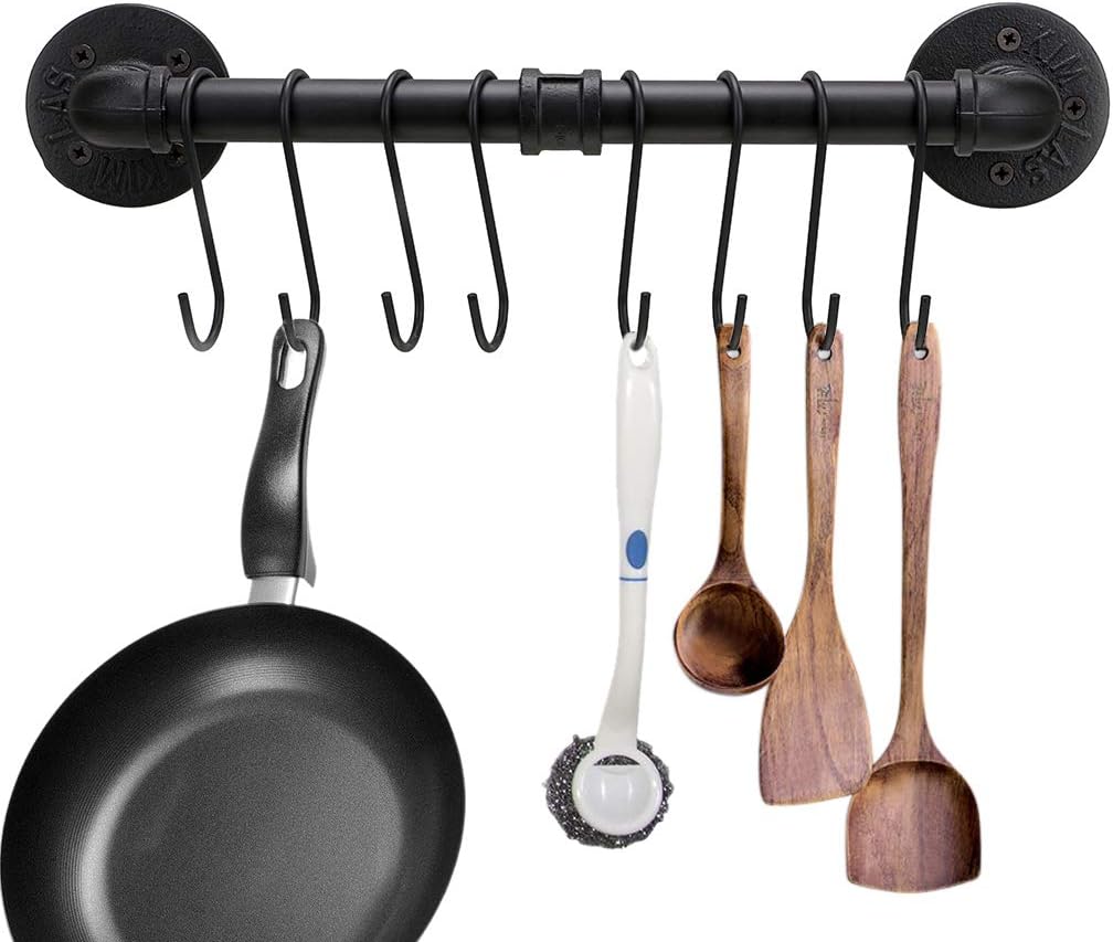 Sumnacon 16 Inch Industrial Pipe Pan Pot Rack with 8-Hooks, Wall Mounted Metal Rail Kitchen Utensil Pot Pan Lid Storage Organizer/Cookware Holder with Hardwares: Kitchen & Dining
