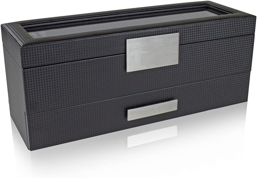 Glenor Co Watch Box with Valet Drawer for Men - 6 Slot Luxury Watch Case Display Organizer, Carbon Fiber Design -Metal Buckle for Mens Jewelry Watches, Men's Storage Holder Boxes has a Large Glass Top: Home & Kitchen