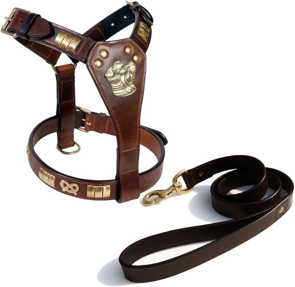 Staffordshire dog leather harness+1" Leather Lead in Brass Fitting,Designer harness(Brown)