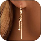 Dangle Earrings for Women 14K Gold Plated Threader Earring Trendy Hypoallergenic Dangly Drop Long Chain Earrings for Wedding Hoco Prom Jewelry