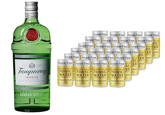 Tanqueray London Dry Gin (1 x 1 l) mit Fever-Tree Premium Indian Tonic Water, Dosen, EINWEG (24 x 150 ml)