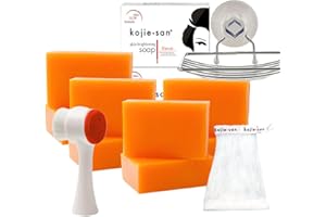 Kojie San Face & Body Shower Set - The Original Kojic Acid Soap, Dark Spot Remover Bar Soap with Coconut & Tea Tree Oil – 65g x 8 Bars with Leafa Soap Net, Brush and Soap Dish