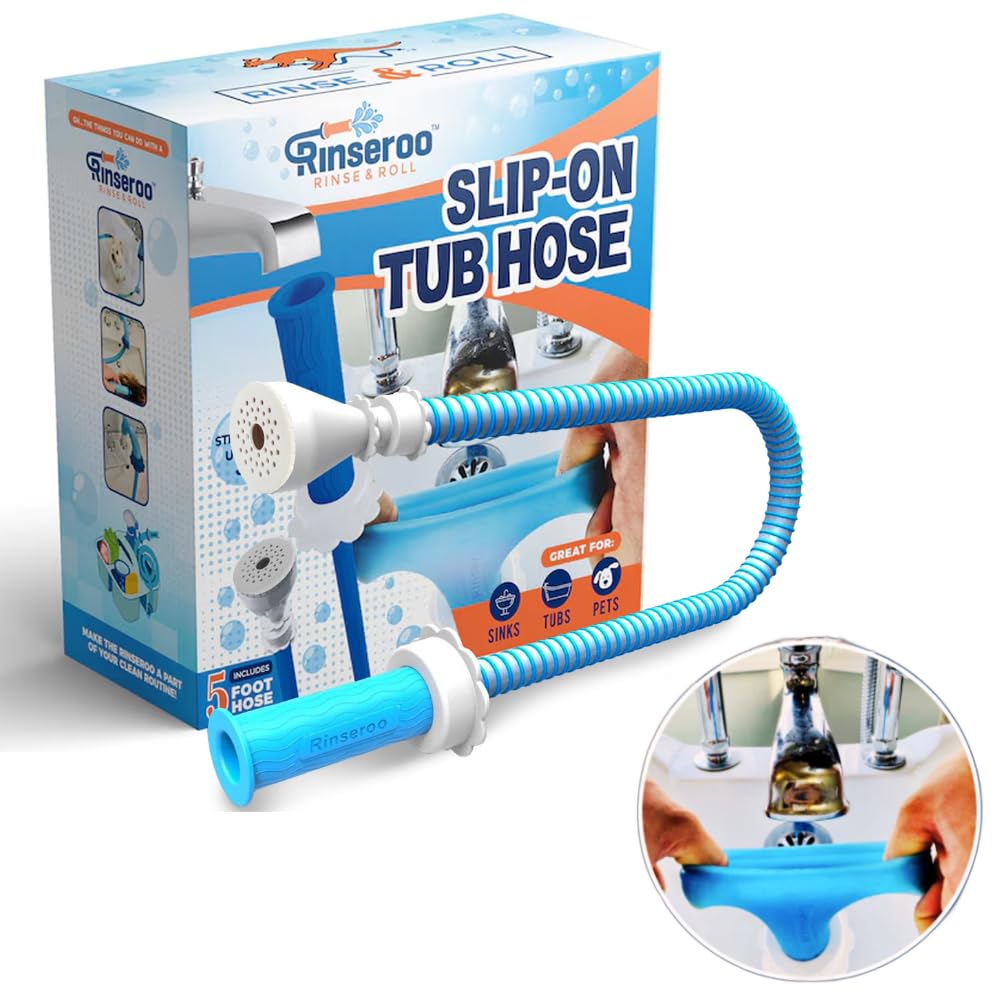 Photo 1 of Rinseroo: Slip-On Tub Hose – As Seen on Shark Tank – 5ft Flex Bathtub Faucet Sprayer – Easy Rinse for Pets, Hair & Cleaning – No Installation Needed – Fits Faucets Up to 3” Wide – Mess-Free & Portable