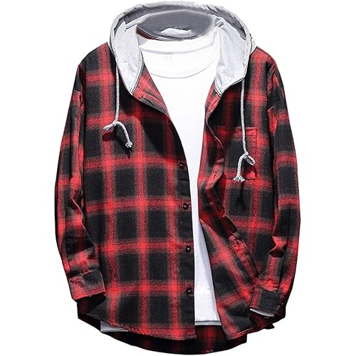PASOK Men's Plaid Hooded Shirts Casual Long Sleeve Lightweight Shirt Jackets