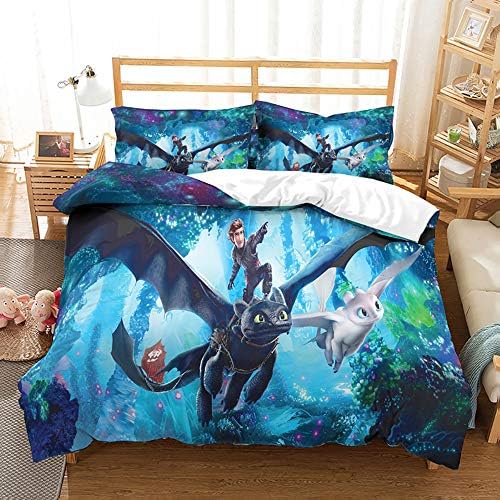 JSBVM 3 Piece Bedding Set 3D Print How To Train Your Dragon Pattern Bedding 100% Microfiber Duvet Cover Set (1 Duvet Cover+ 2 Pillowcases)