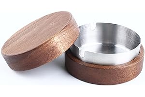 Ashtray with Lid, Wooden + Stainless Steel Ashtrays for Cigarettes, Windproof Ash Tray for Indoor Outdoor, Ash Holder for Off