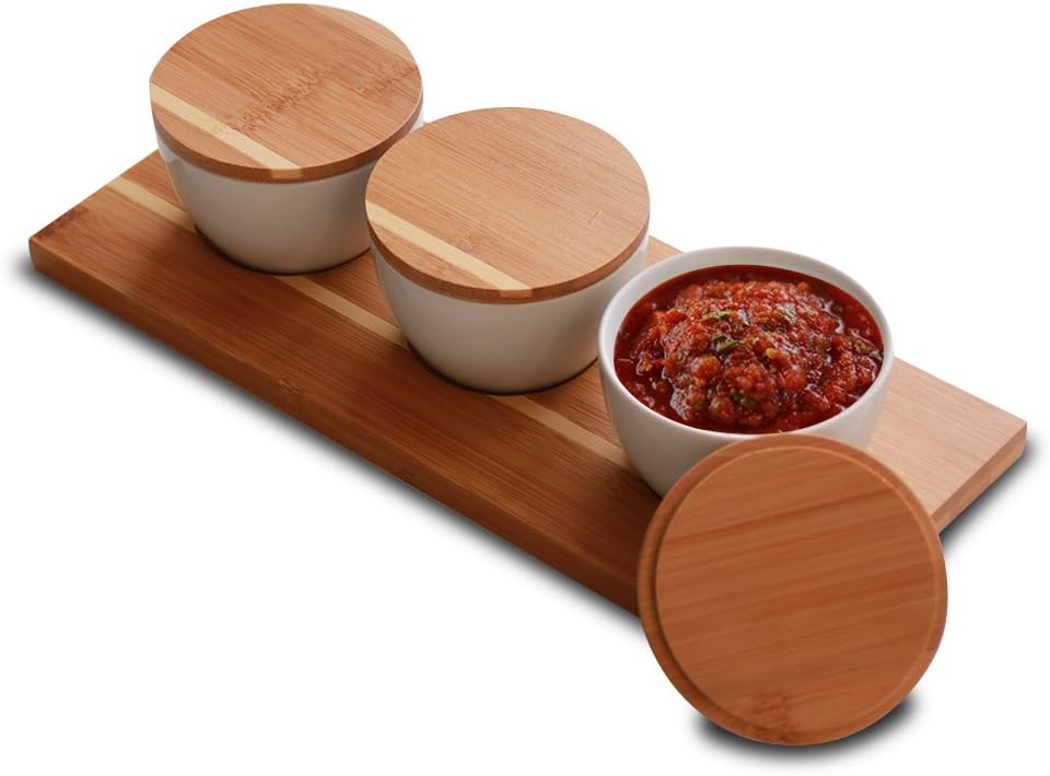 Everything Bamboo Salt & Salsa Caddy Condiment Organizer & Server with 3 Ceramic Containers for Serving and Storage