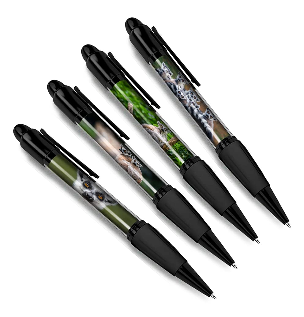 DV DESIGN Set of 4 Lemur Black Ballpoint Pens - Ring Tailed Animal Nature Wildlife Wild Travel Portrait Boys Girls Men Women Theme Pen #79460
