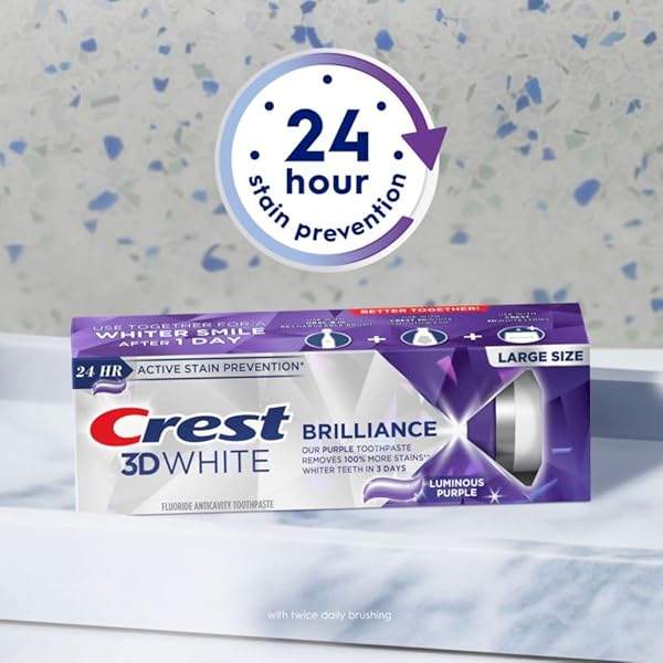 CREST 3D WHITE BRILLIANCE LUMINOUS PURPLE TEETH WHITENING TOOTHPASTE, 4.6 OZ PACK OF 3, ANTICAVITY FLUORIDE TOOTHPASTE, FIGHTS 100% MORE SURFACE STAINS, 24 HOUR ACTIVE STAIN PREVENTION