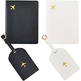 CALFOVERA 2 Set Mr and Mrs PU Leather Passport Covers Luggage Tags Honeymoon Plane Travel Holder Set Card Holder Books Case Protector Sleeve with Suitcase Travel ID Labels Black White for Couples Gift