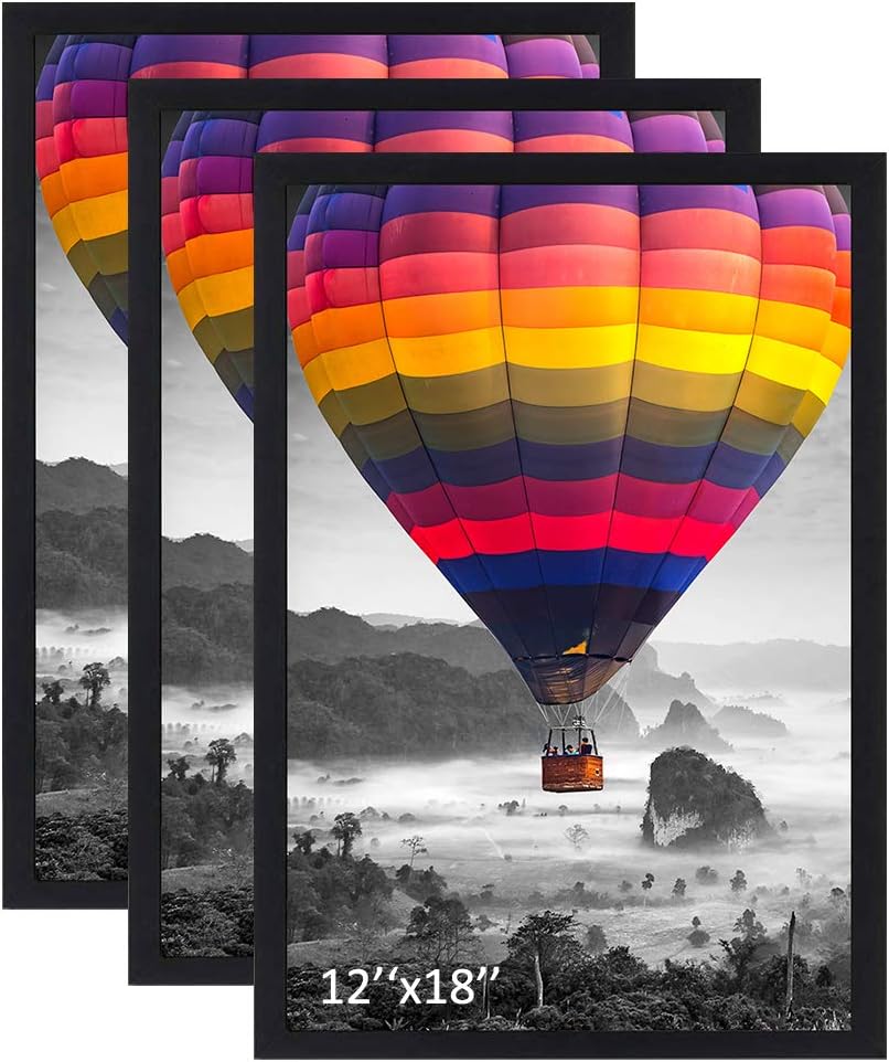THREELOVE 12x18 Frame Black Wood Photo Picture Frame for Wall Hanging Portrait Landscape Art Decor, 3 Pack