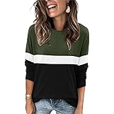 Magritta Girls Long Sleeve Tunic Tops with Pockets Striped Crew Neck Stretchy Loose Fit Color Block Sweatshirt Pullover for Women Green Black Small