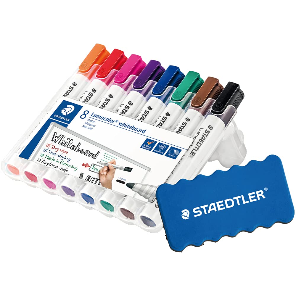 Staedtler Lumocolor 351 WP8 Whiteboard Marker (Bullet Tip Approx. 2 mm Line Width, Set of 8 Colours (1 Pack, Eraser)
