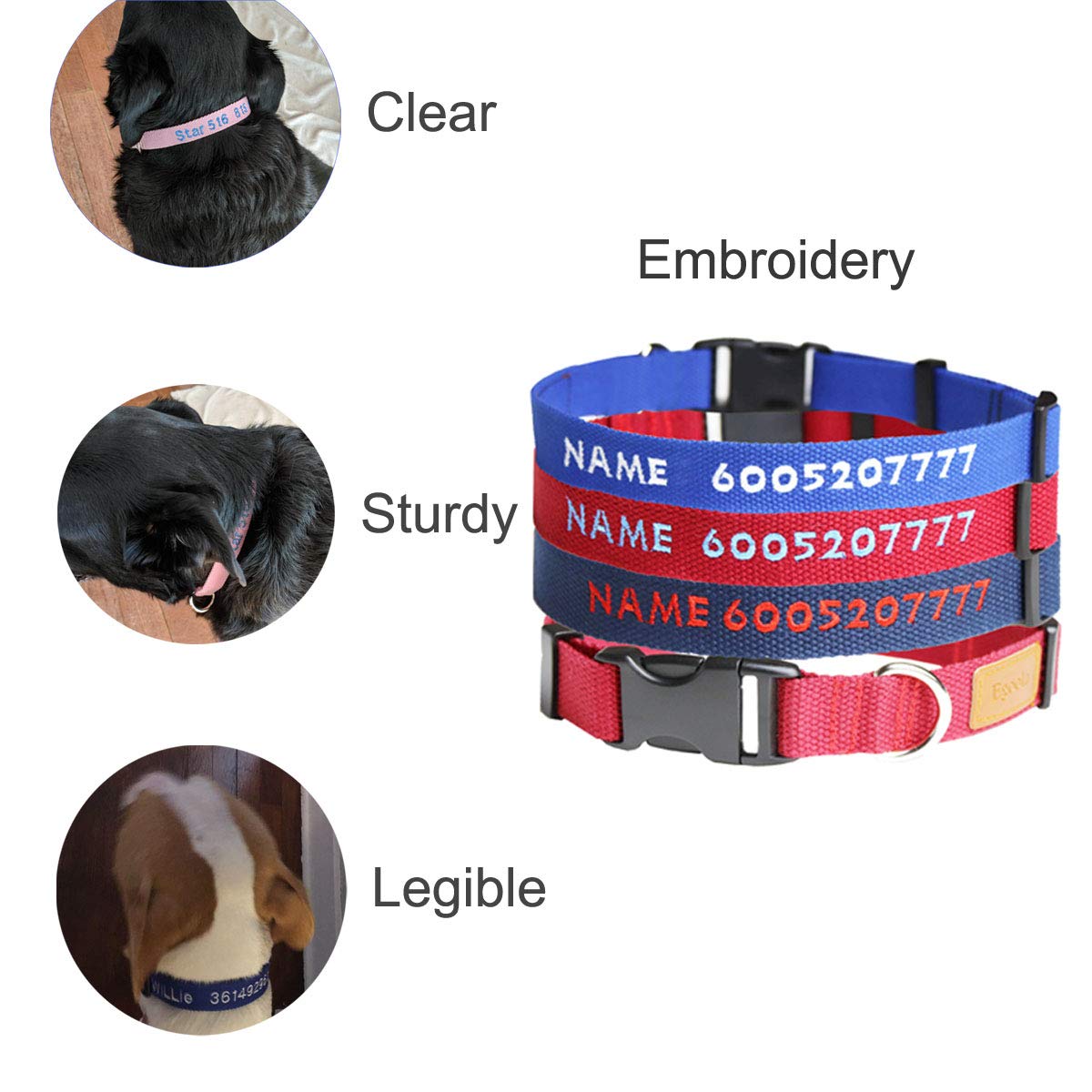 Egoola Personalized Dog Collar Custom Embroidered Pet Name and Phone Number for Small Medium Large Adjustable Dog Collars