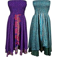 Womens Beach Dress Skirts Vintage Printed Silk Sari 2 In 1 Recycled Two Layer Sundress Wholesale Lot Of 2