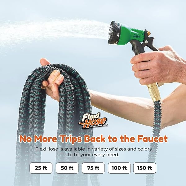 FLEXI HOSE WITH 8 FUNCTION NOZZLE, 150FT – LIGHTWEIGHT EXPANDABLE GARDEN HOSE, NO-KINK FLEXIBILITY, 3/4 INCH SOLID BRASS FITTINGS AND DOUBLE LATEX CORE – BLACK AND GREEN