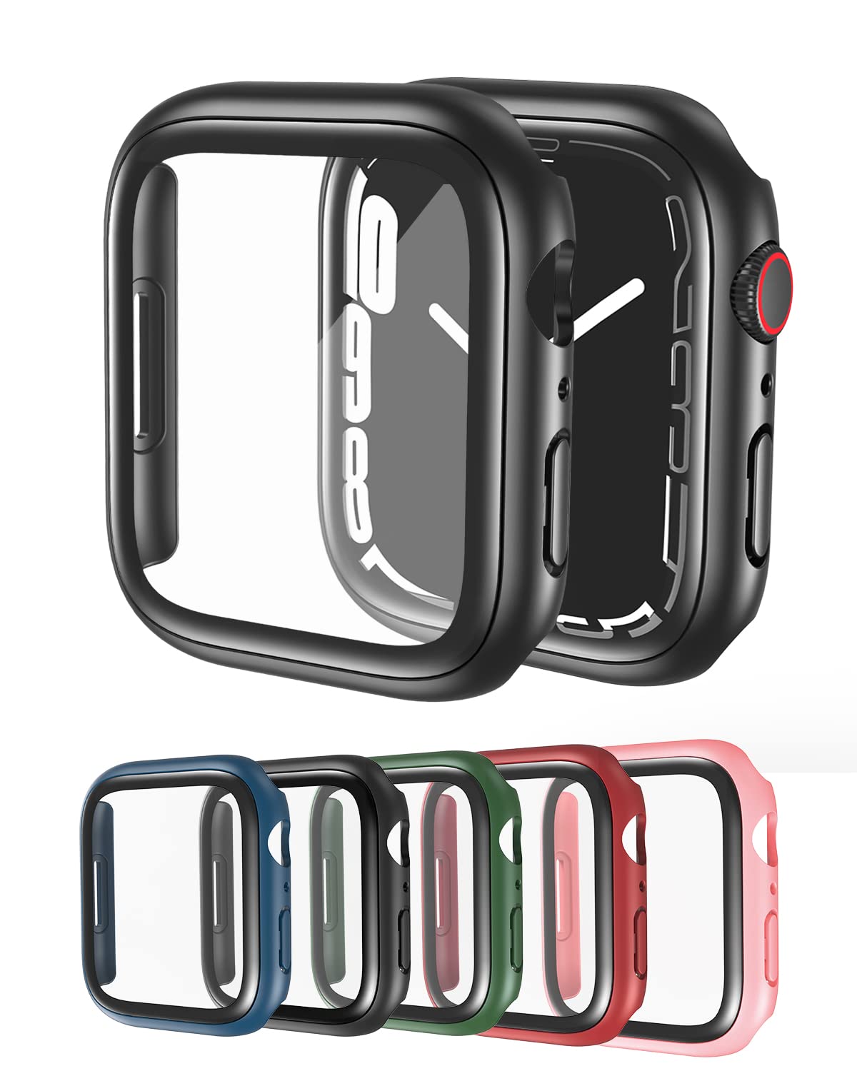 Black Hard Case with Tempered Glass Screen Protector, Transparent Case Ultra-Thin Shockproof Overall Protective Cover Compatible for Apple Watch Series 7, iWatch 3D Glasss Case, 2 Pack 45mm