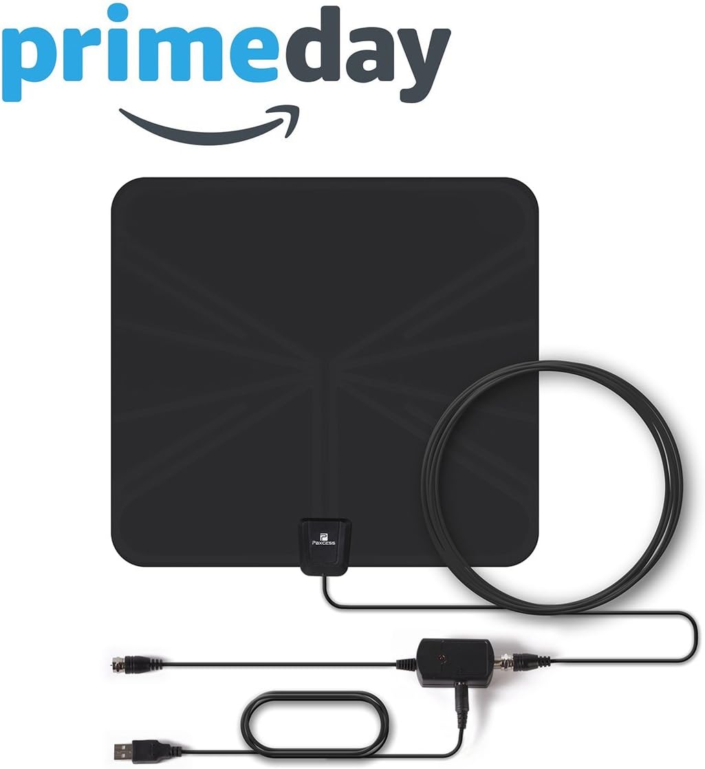 Digital Antenna for HDTV, Paxcess TV Antenna Indoor Amplified Flat TV Antenna, Leaf Antenna 50 Miles Range with Signal Amplifier Booster, USB Power Supply, 16.5ft Coax Cable for Local Free TV (Black)