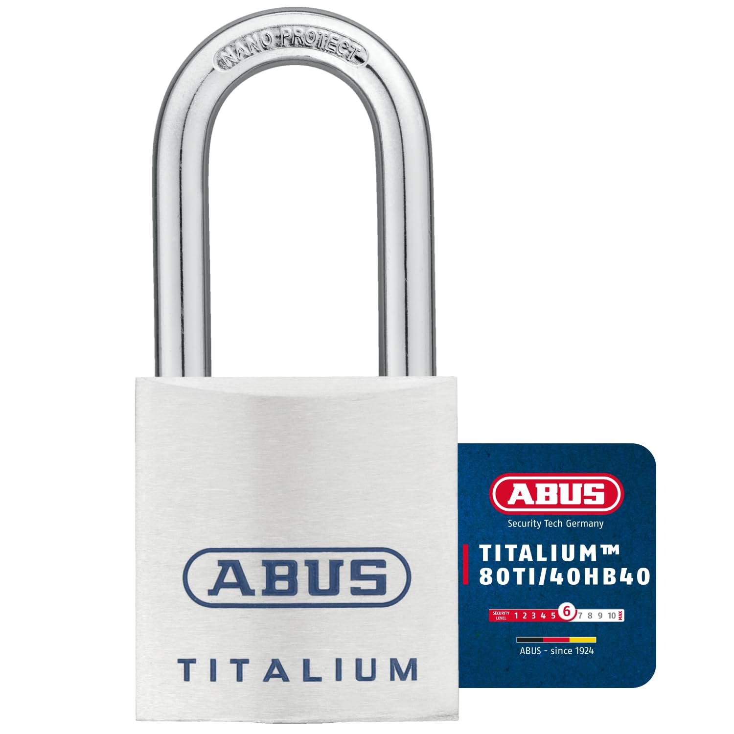 ABUS Titalium Padlock 80TI/40HB40 - with high Shackle - Basement Lock with Lightweight, Solid Lock Body Made of Special Aluminium - ABUS Security Level 6 - Silver