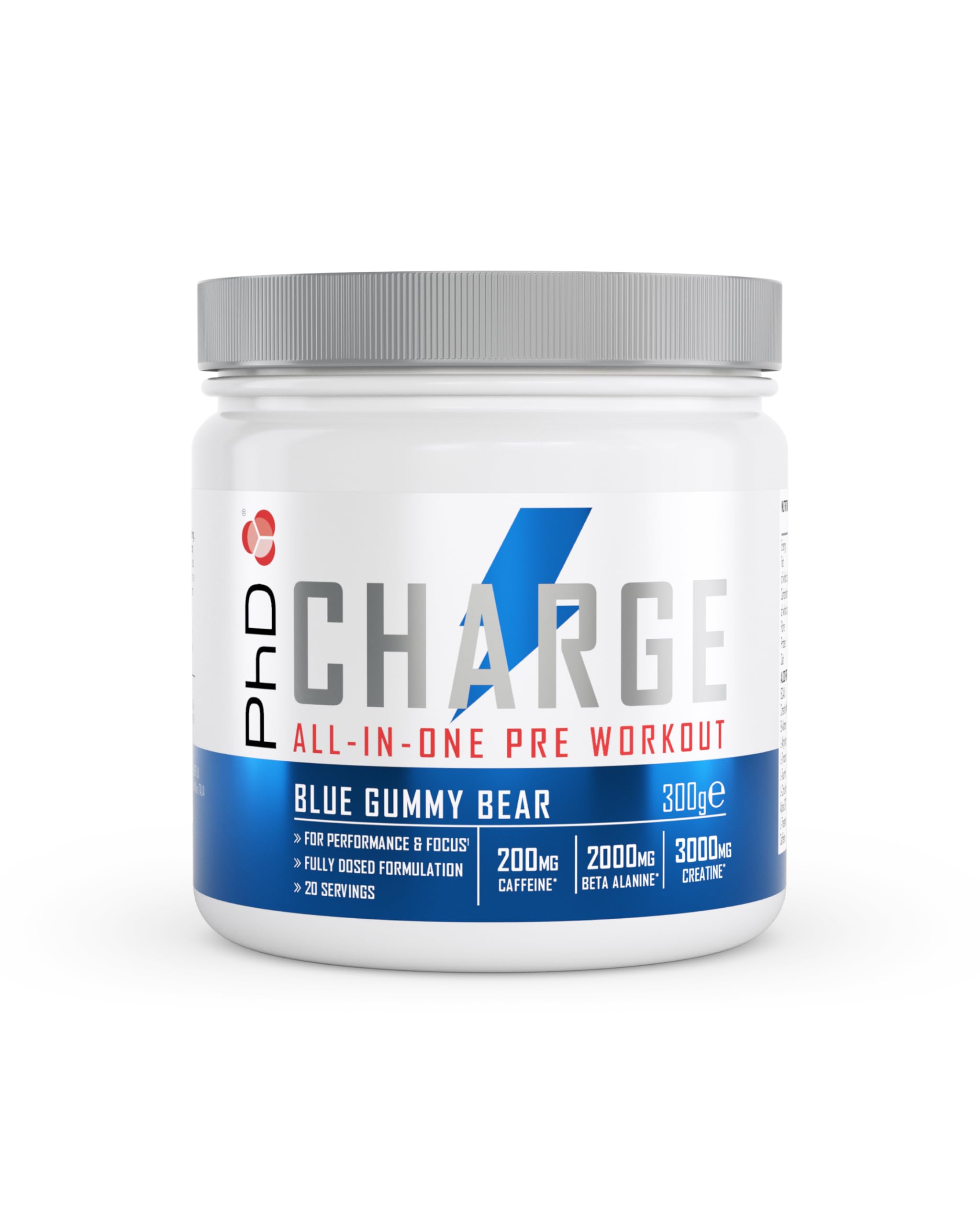 PhD Charge, All in One Pre Workout Powder with Creatine for Women and Men, Rich in Beta Alanine, High Caffeine for pre-Workout, Blue Gummy Bear Flavour, 20 Servings Per 300g Bottle — image 1