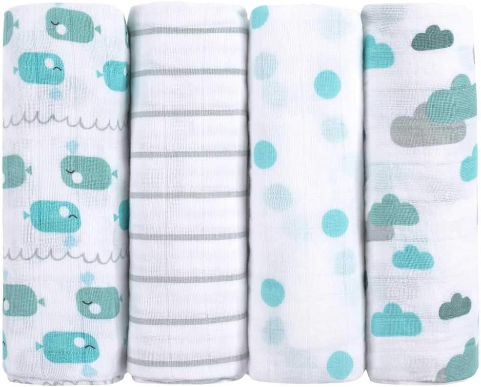 emma & noah Muslin Squares, 4 Pack, 100% Cotton, 80 cm x 80 cm, Silky Soft Baby Muslins, Colour: Blue, Ideal As Baby Shower Gift, Nursing Cover, Burp Cloth, Muslin Baby Blanket, Swaddle Blanket