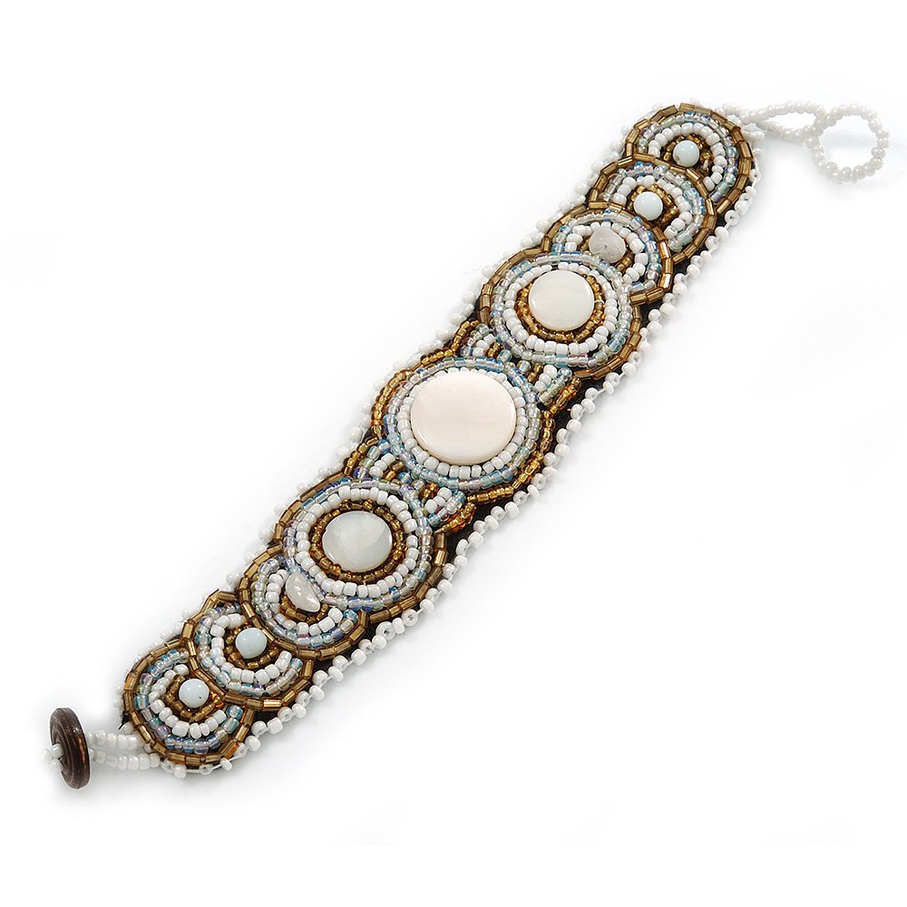 Avalaya Handmade Boho Style Beaded, Shell Wristband Bracelet (White, Gold, AB) - 18cm L