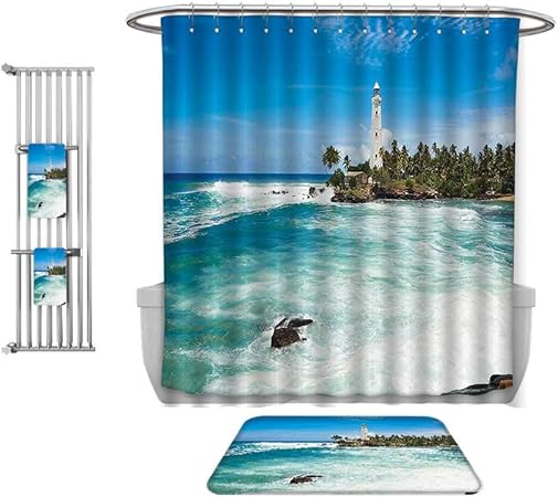 Qinyan Home 4 Piece Bathroom Set Lighthouse Decor Tropical Island Lighthouse With Palm Trees Rocks Wavy Seaside Beach Ocean Blue White Green 1 Shower Curtain 1 Mats 1 Bath Towel Multiple Sizes Amazon Co Uk Kitchen Home