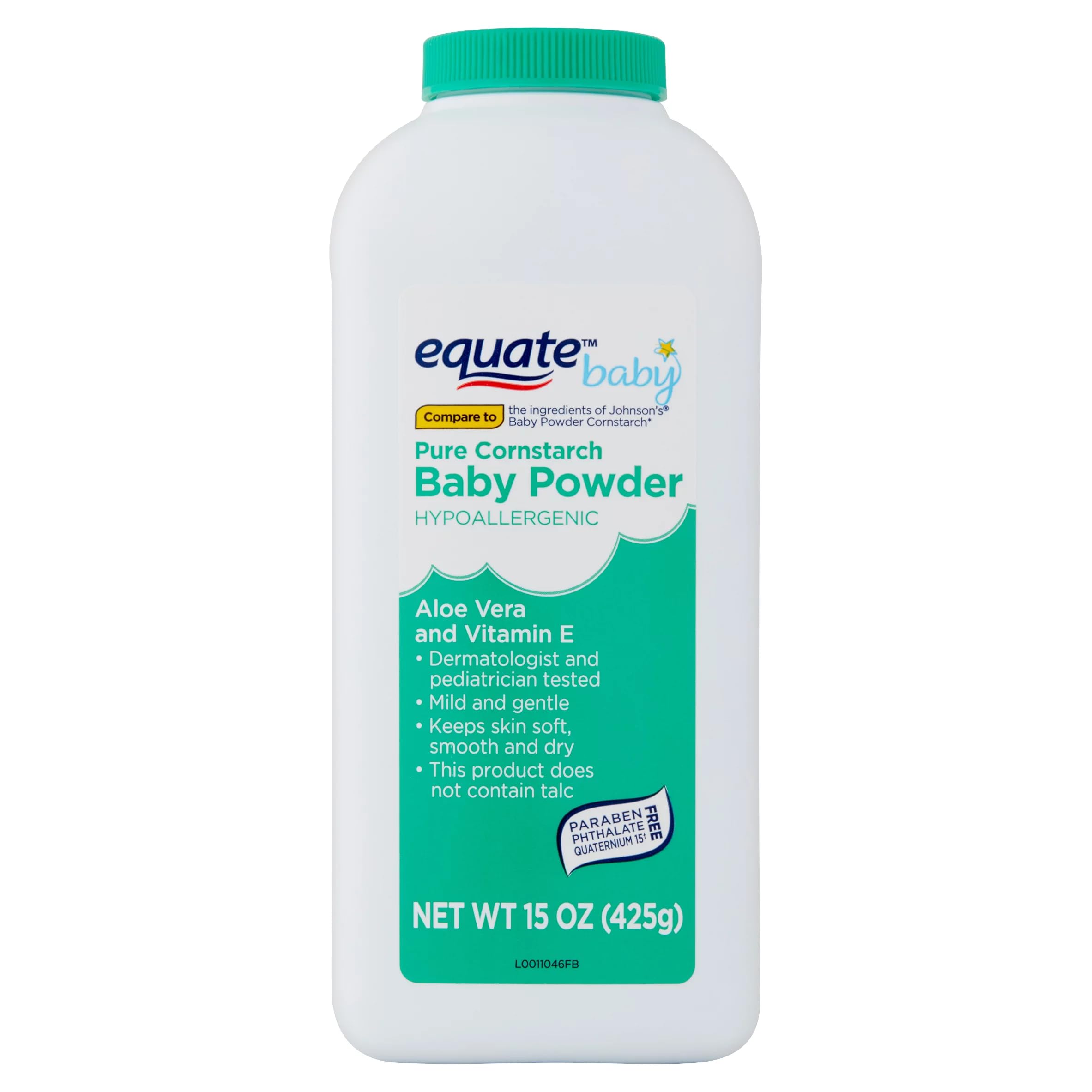 Pure Equate Cornstarch Baby Powder, Hypoallergenic, alloe Vera, Vitamin E, 15 oz Each, Pack of 2.