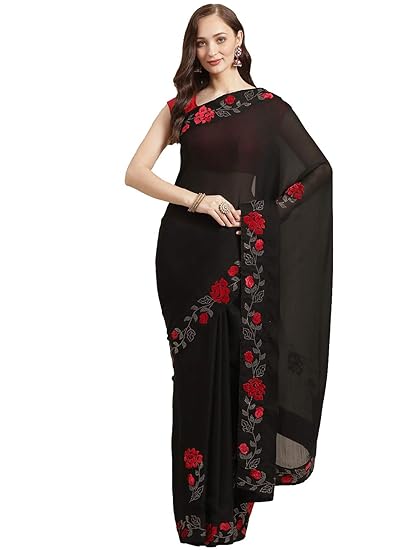 Womens Satin Georgette Velvet & Swarovski Work Saree[Black]