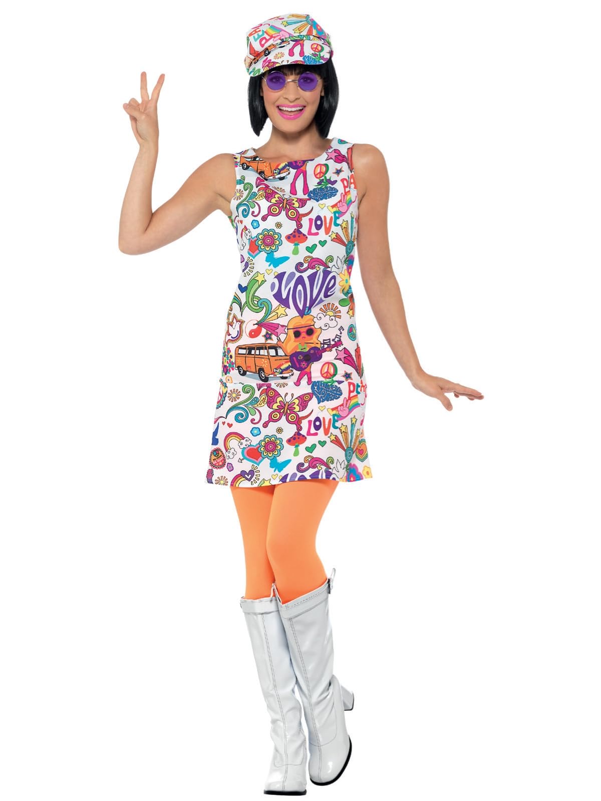 Smiffys 60's Groovy Chick Costume, Multi-Coloured with Dress & Hat, 1960's Groovy Fancy Dress, 1960s Dress Up Costumes