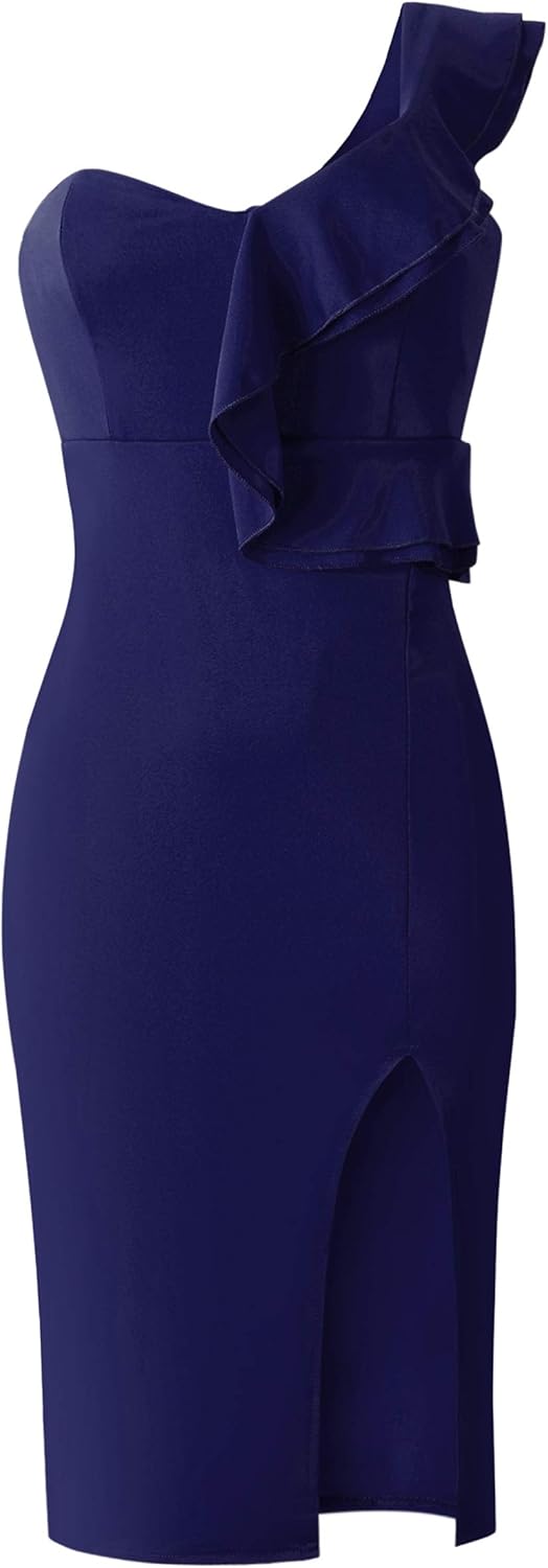 ECOWISH Women's Dresses Sexy Ruffle One Shoulder Sleeveless Split Bodycon Midi Party Dress: Clothing