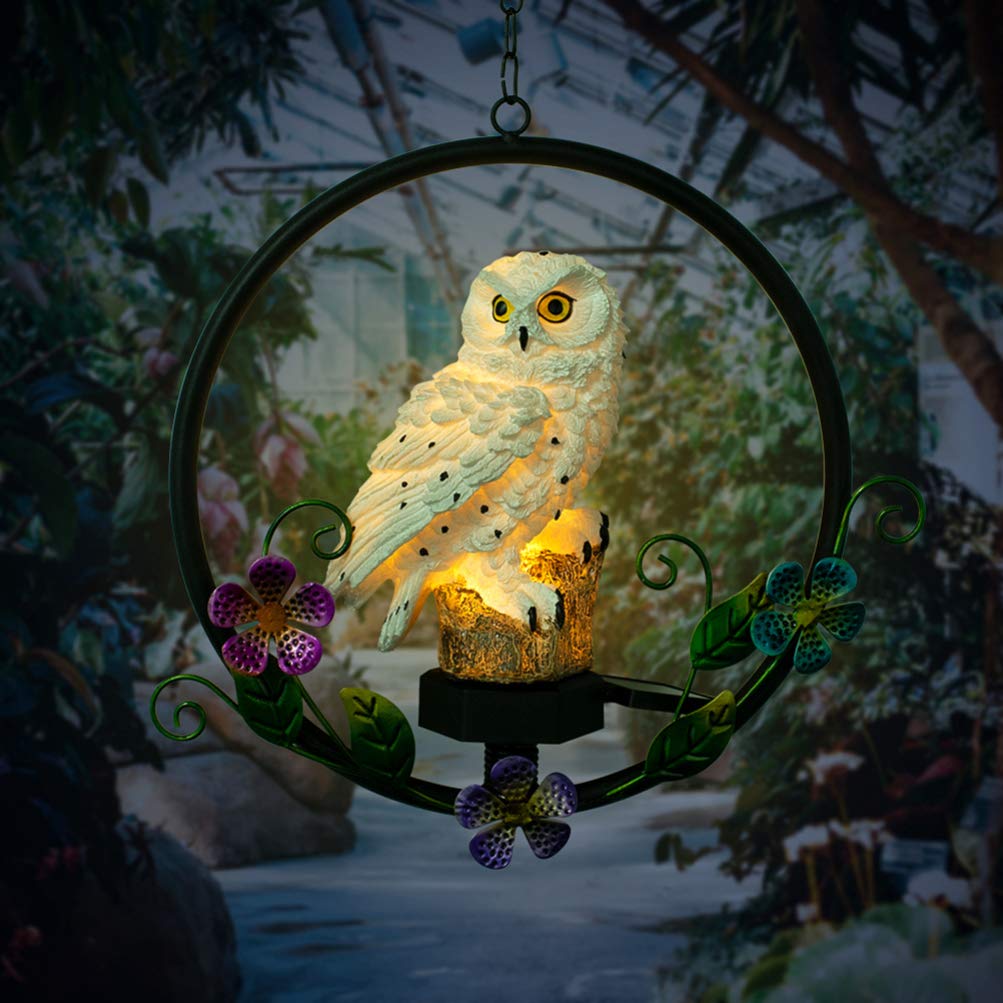 Mobestech Solar Powered Owl Night Light Unique Resin Animal Shape Garden Hanging Light Outdoor Lawn Landscape Lighting for Courtyard Patio Pathway Yard (White)