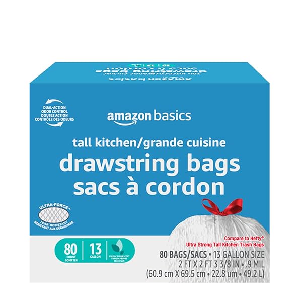 AMAZON BASICS ULTRA-FORCE TALL KITCHEN DRAWSTRING TRASH BAGS,...