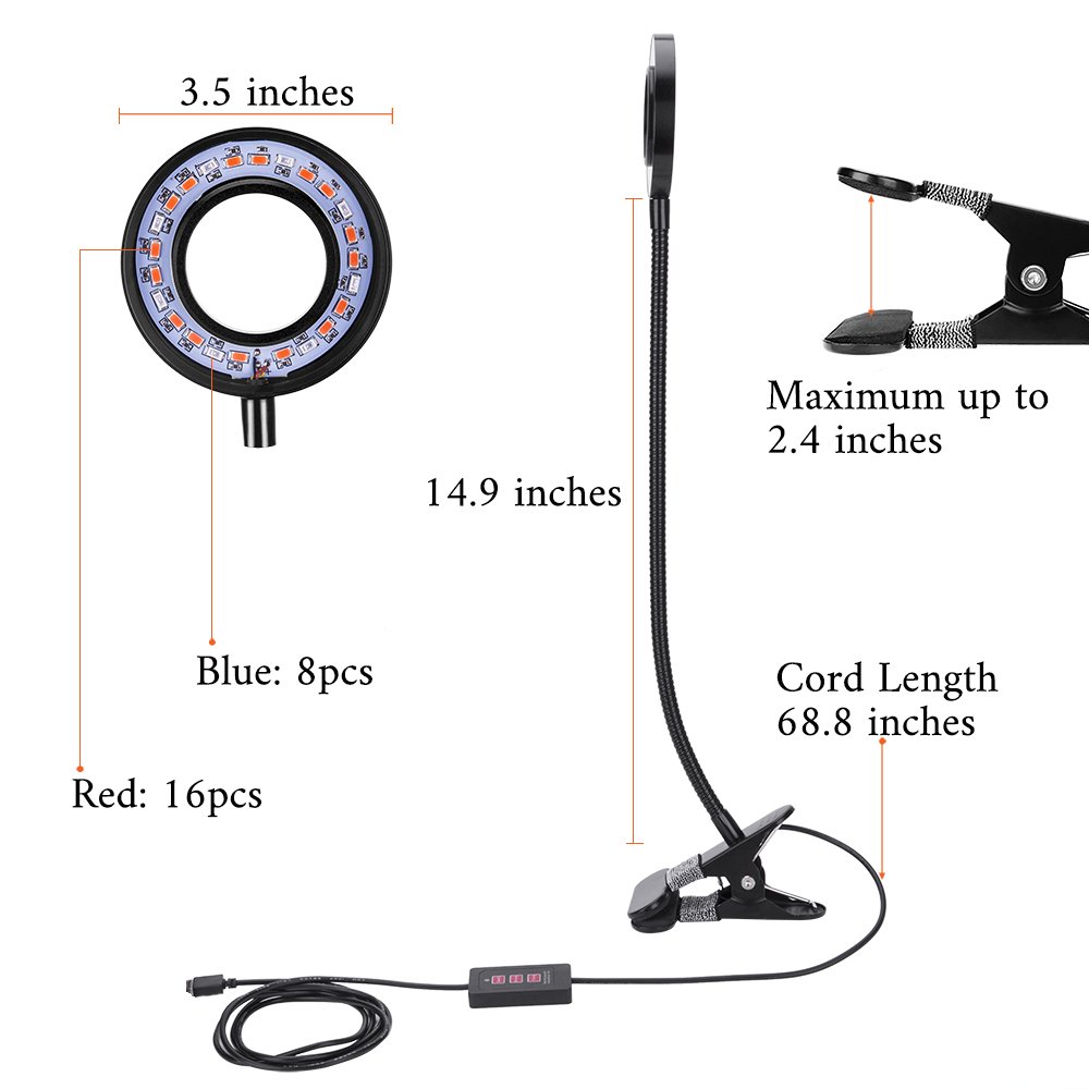 LED Plant Grow Light, Upgraded Timing Function (3H/6H/12H) 12W Clip On Plant Lamp with 360°Flexible Gooseneck, 24 LED 3 Lighting Modes 5 Level Dimmable Desk Table Growing Lamps for Indoor Plants Greenhouse Gardening