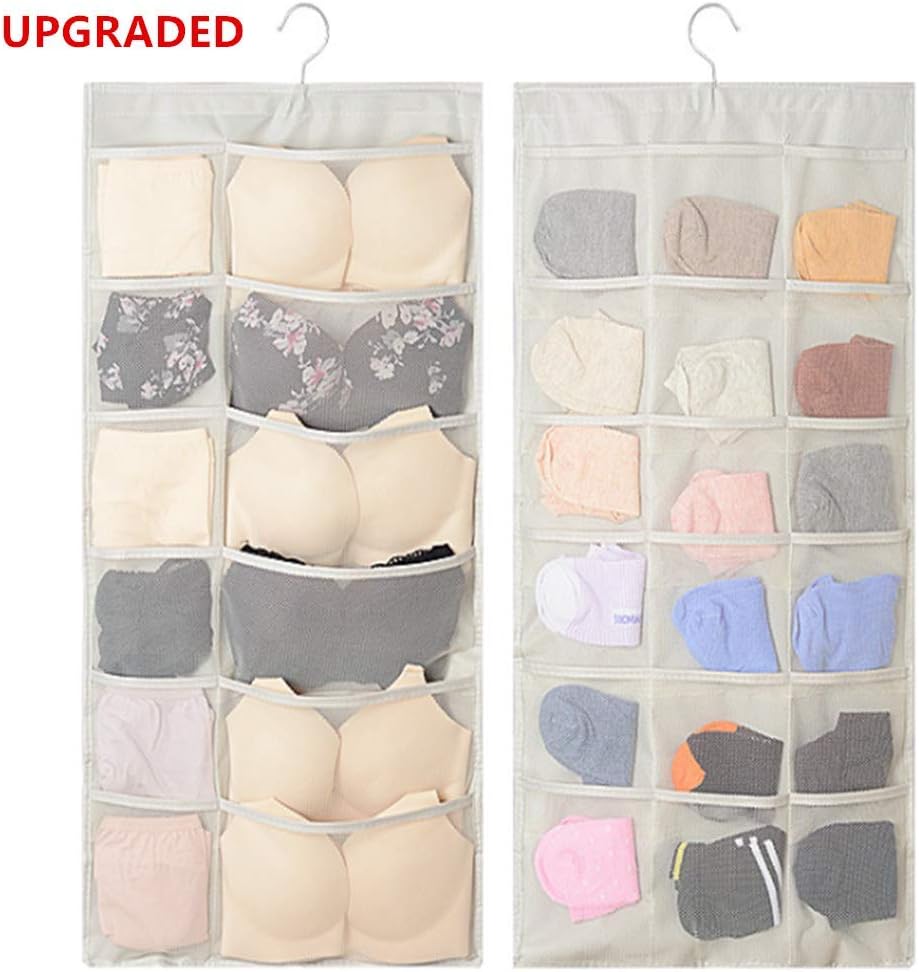 Cutiful Beige 30 Pockets Dual-Sided Hanging Closet Organizer for Underwear, Bra, Socks, Snacks, Makeup, Sunglasses Hanging Storage Organizer in Bedroom, Storeroom, Dorm (30 Pockets)
