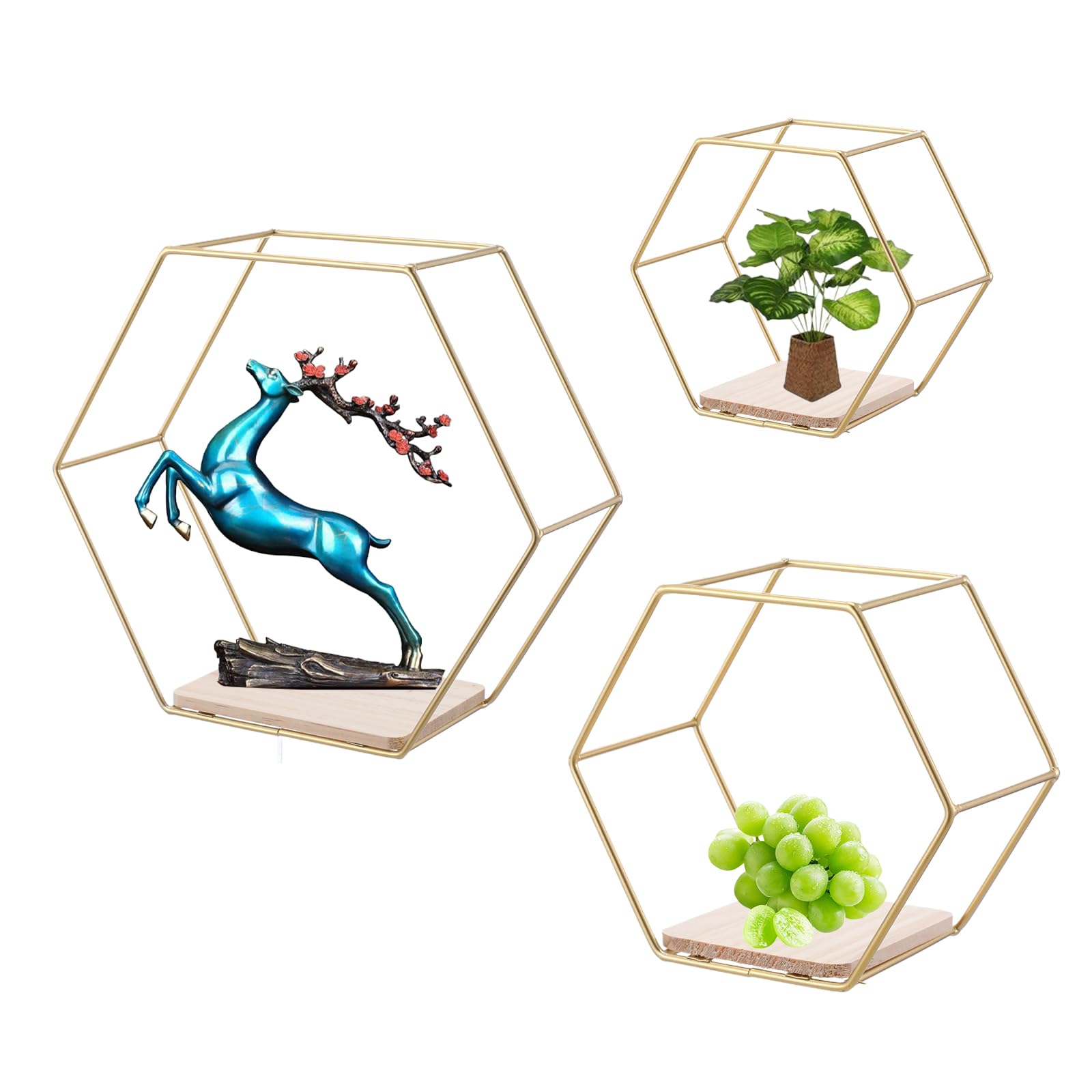 Photo 1 of mekueeex Wall Mounted Hexagon Floating Shelves, Metal Framed Gold Shelf with Wooden Floor Storage Shelves, Modern Wall Decor for Living Room, Bedroom, Kitchen, Office, Set of 3 Size ?