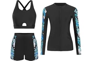FEOYA Women’s 3 Piece Swimsuit UV Sun Protection Rash Guard Set Long Sleeve Swimwear with Swim Shorts
