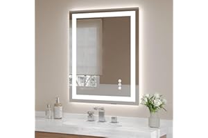 USHOWER LED Bathroom Mirror 28x36 Inch Tempered Glass - Frameless LED Backlit Lighted Mirror for Bathroom Vanity with Anti-Fog, 3 Colors Dimmable, Memory Function, Wall-Mounted