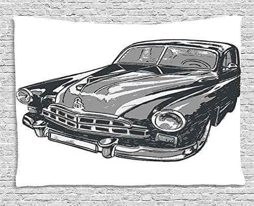 XHFITCLtd Cars Tapestry, Hand Drawn Vintage Vehicle with Detailed Front Part Hood Lamps Rear View Mirror, Wall Hanging for Bedroom Living Room Dorm, 80 W X 60 L Inches, Grey Blue Grey
