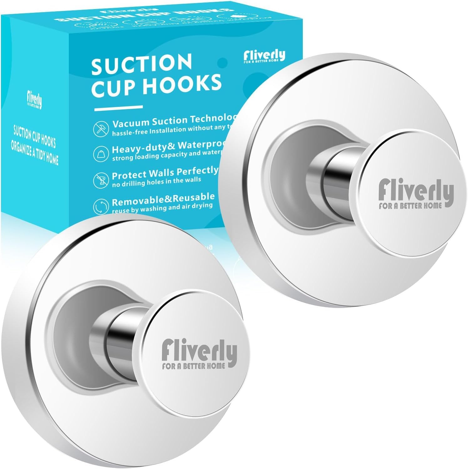 Photo 1 of ++2 PACK++Fliverly 2pcs Suction Cup Hooks for Shower,Inside Shower,Wall,Bathroom,Bedroom,Kitchen,Door,Glass Window, Mirror, Tile, No Drilling Hanging for Towels,Robes,Loofah,hat,Clothing,Wreath (Chrome)