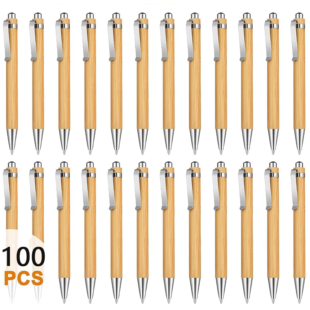 Tiamu Pack of 100 Wood Ballpoint Pens Bamboo Touchpoint Ballpoint Pen Sustainable Stylish Liquid Writing Gift Pen for School and Ecological, Black Ink
