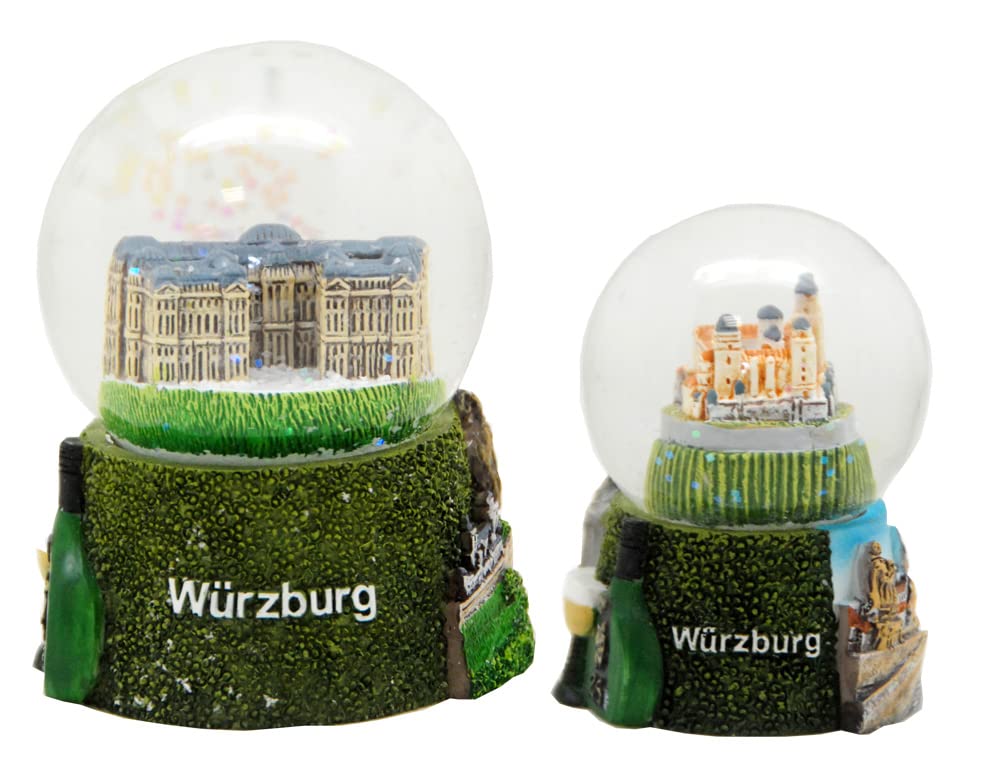 Set of 2 cute souvenir snow globes Würzburg Fortress Marienberg Residence Bockstaschen, diameter 45mm and 65mm | 3-69-70