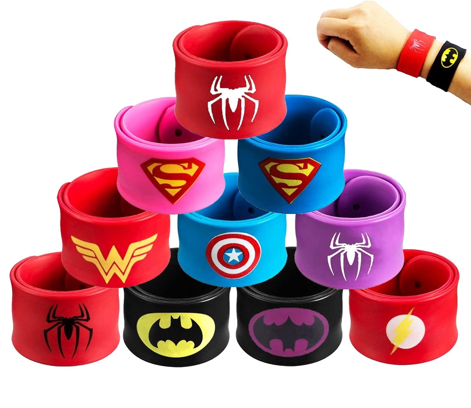 KAHEIGN 10Pcs Superheroes Slap Bands for Kid, Silicone Wristband Marvel Avengers Slap Bracelet Bands Party Bag Fillers for Birthday Easter Halloween Christmas Party Favors