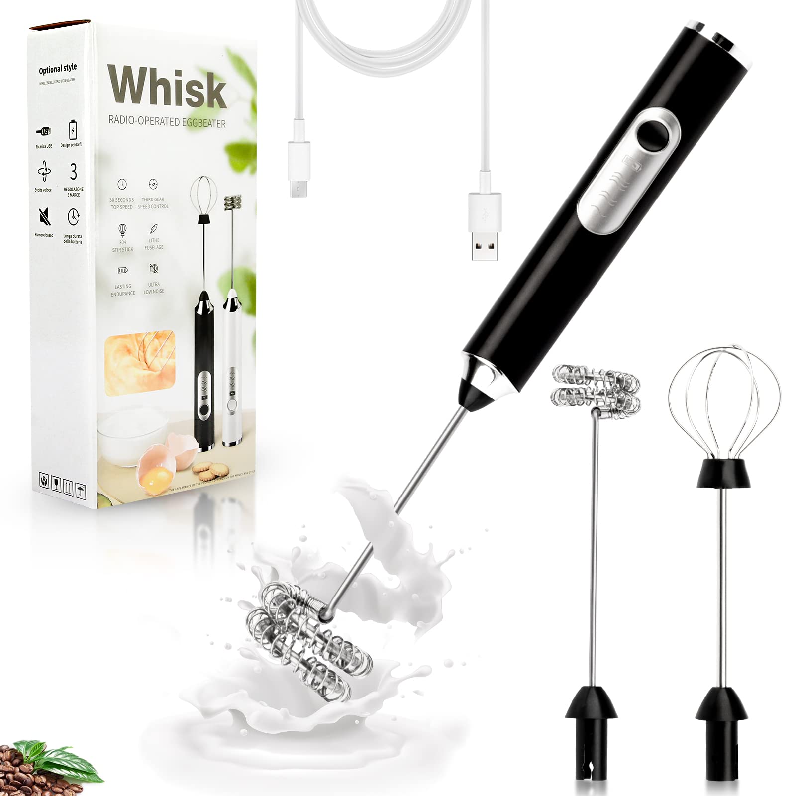 TonJin Electric Double Whisk Milk Frother Handheld Black USB Rechargeable Drink Mixer, 3 Speeds Adjustable Electric Whisk Foam Maker Detachable for Coffee, Lattes, Matcha, Hot Chocolate