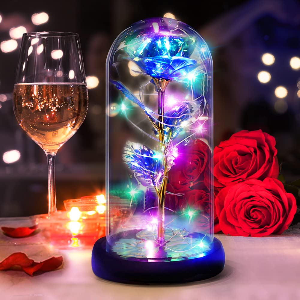 DASIAUTOEM Rose Gift Kit, Eternal Roses LED Flower Gold Rose Gift in Glass Dome Rose Lamp Beauty and the Beast Rose, Romantic Gift for Wedding Anniversary Gifts Wife Friend, Blue