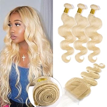 7a 613 Virgin Hair 3 Bundles With Closure Sew In Blonde Bundles