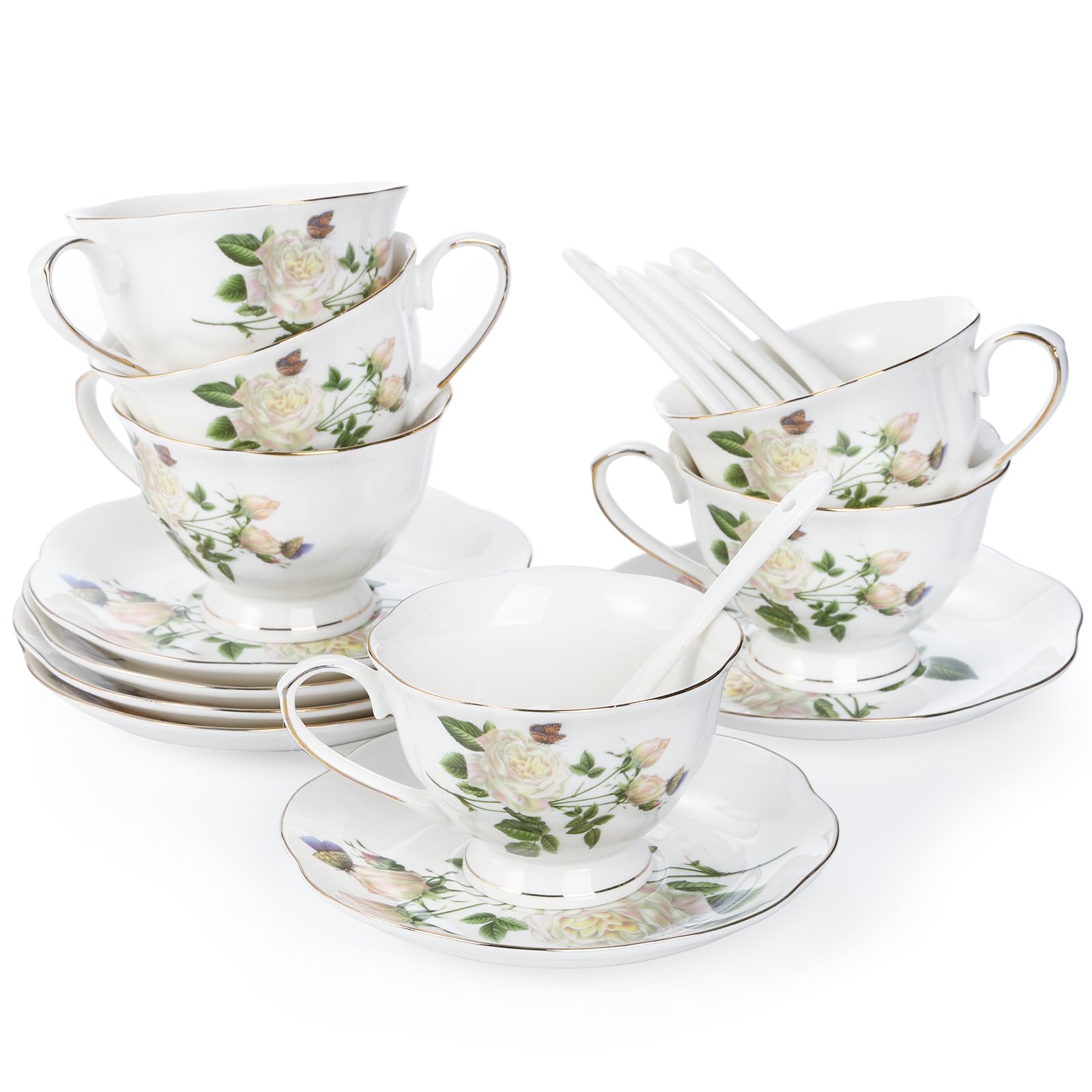 Foraineam Tea Cup and Saucer Set, Porcelain Ivory Floral Coffee Cups ...
